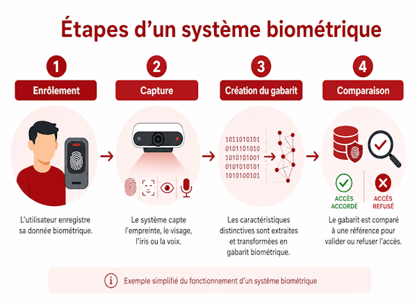 Illustration expliquant le fonctionnement de la biométrie en 4 étapes